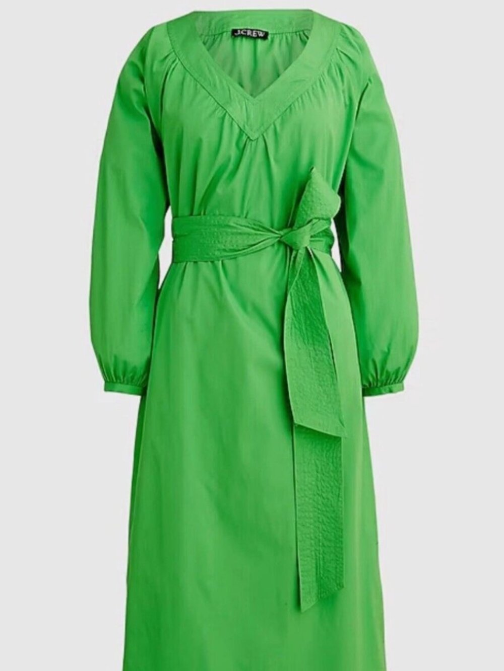 Tie-Waist Lime Green Poplin Dress V-Neck Midi Dress